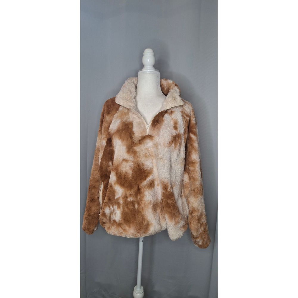 Entro Brown Cream Tie Dye Faux Fur Quarter Zip Fleece Pullover J14717 Large